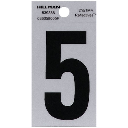 Hillman HILLMAN 2 in. Reflective Black Vinyl Self-Adhesive Number 5 1 pc, PK6 839388